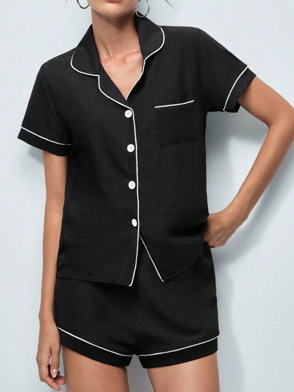 Black Women's Casual Loose Short Sleeve button down top & Shorts Sleepwear Set